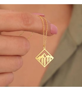 Kişiye Özel 925 Ayar Gümüş Şık Orman Manzara Tasarım Kolye (Gold)