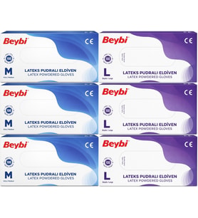 Beybi Lateks Pudralı Muayene Eldiveni M - Medium - Orta / L - Large - Büyük Karma 600 Lü Set