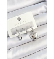 Pirinç Zirkon Taşlı Kalp Model Gümüş Renk 3'lü Çift Kadın Küpe Set 58 - SSSSSS9800-9