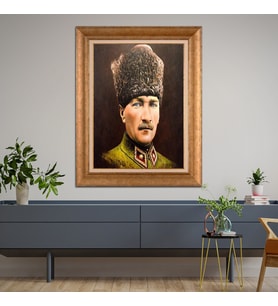 Altın Varaklı Çerçeveli Paspartulu Atatürk Tablo z4495 (Gold)