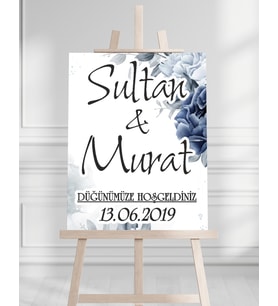Söz Nişan Düğün İçin 50x70 Karşılama Panosu - Mavi Çiçek ve Mavi Tasarımlı