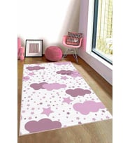 Pembe Kaymaz Tabanlı Yıkanabilir Bulutlu Bebek Halısı KD026