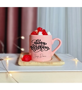 Happy Birthday Tasarımlı Kişiye Özel Pembe Türk Kahvesi Fincanı