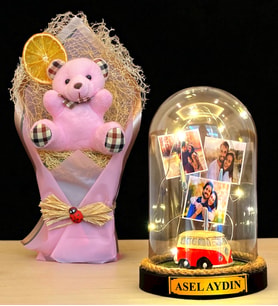 Kişiye Özel İsimli 3 Fotoğraflı Led Işıklı Fanus ve Pembe Peluş Ayıcık Buketi (Model 6)