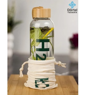 H2o Bambu Kapaklı Cam Matara Bez Kılıf Hediyeli 600 Ml Beyaz