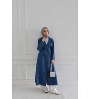 6458-Denim Allerli Trençkot Mavi
