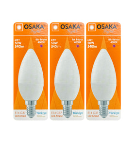 (3 Adet) Osaka 6W (50W) Günışığı (4000K) E14 Duylu (İnce Duy) Led Mum Ampul