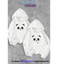 Sevgili Çift Kombini Panda Baskılı Kapüşonlu Sweatshirt 2li Set Takım (Beyaz)