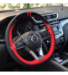 Nissan Leaf ZE1 Dikme Direksiyon Kılıfı Parlak Siyah Kırmızı Detaylı Kırmızı Çift Yüzük ve Dikiş 2018-2024