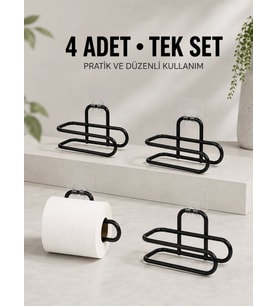 Duvara Yapışkanlı WC Kağıtlık Siyah Metal 4 Adet Tuvalet Kağıdı Rulo Askısı