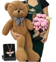 Kişiye Özel Hediye Seti - Renkli Anka Kuşu Kolyeli, 7'li Ayıcık Buketli ve Kahve Peluş Ayıcıklı Set (Model 2)
