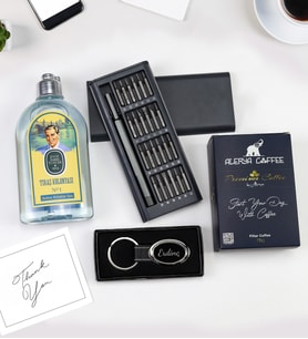 Kişiye Özel Gümüş Renk Anahtarlık & Mıknatıslı Tornavida Seti & & Alerya Premium Filtre Kahve & Eyüp Sabri Tuncer Tıraş Kolonyası Hediye Seti