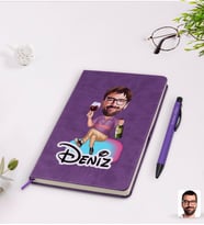 BK Gift Kişiye Özel Erkek Karikatürlü Mor Termo Deri Defter Kalem Seti Model 2