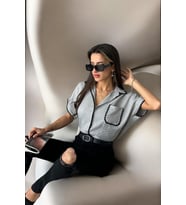 Kadın Gri Çoban Dikişli Keten Gömlek Modeli
