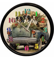 Vintage Araba ve Köpekler Tasarımlı Dekoratif Duvar Saati 28 Cm Sessiz Mekanizma