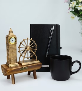 Kişiye Özel Siyah Defter & Gümüş Renk Detaylı Siyah Tükenmez Kalem & Siyah Mat Kupa & London Big Ben Biblo Hediye Seti