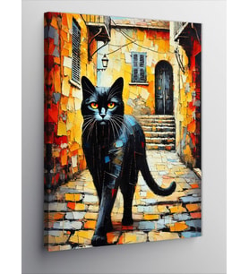 Kanvas Tablo Renkli Sokakta Kara Kedi
