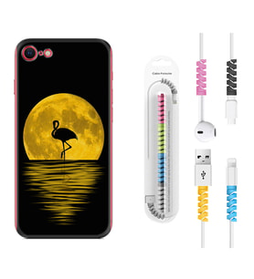 Apple iPhone 5 6 7 8 Plus Se XR Kılıf Kablo Koruma Spiral Silikon Ay ve Flamingo 1775
