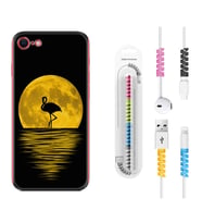 Apple iPhone 5 6 7 8 Plus Se XR Kılıf Kablo Koruma Spiral Silikon Ay ve Flamingo 1775