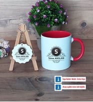 Baş Harf ve İsim Soyisim Kupa Bardak Kırmızı ve Ahşap Anahtarlık Hediye (Model 1)