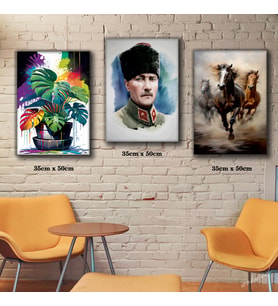 3 yarışan at renkli saksılı çiçek ve atatürk tablosu 3 adet 35cmx50cm kumaş baskılı canvas tablo