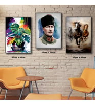 3 yarışan at renkli saksılı çiçek ve atatürk tablosu 3 adet 35cmx50cm kumaş baskılı canvas tablo