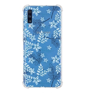 Samsung Galaxy A70 Uyumlu Köşe Korumalı Antişok Kapak Floral Mavi Tasarımlı Şeffaf  Kılıf