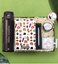 Anneler Gününe Özel Kişiye Özel Kahverengi Paslanmaz Kilitli Kapaklı Termos & Canım Annem İyi ki Varsın Baskılı T Kulplu Kupa & Metal Cep Aynası & Touch Pen Roller Kalem & Desenli Co Notes Defter - GDTK-909125