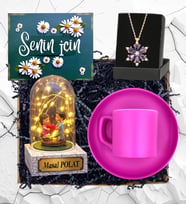 Kişiye Özel Led Işıklı Kalp Tutan Çiftli Fanus, Pembe Kahve Fincanı ve Lotus Kolye Hediye Seti