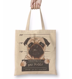 Bad Puggy Pug Köpek Bez Çanta Uzun Saplı