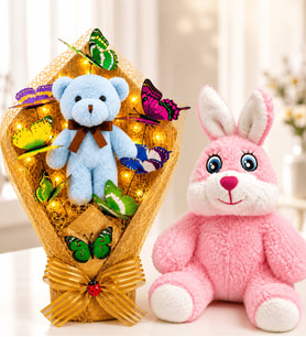 Peluş Tavşan ve LED Işıklı Mavi Peluş Ayıcıklı Renkli Kelebek Buketi Hediye Seti Doğum Günü, Sevgiliye ve Özel Gün Hediyesi