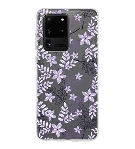 Samsung Galaxy S20 Ultra Kapak Floral Lila Tasarımlı Şeffaf Silikon Kılıf