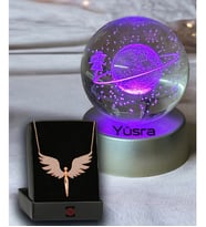 Renk Değiştiren Led Işıklı Cam Satürn Kız Küre Dolunay Lamba Kristal Top Ve Gold Melek Kolye