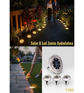 Solar 8 LED Zemin Aydınlatma  Su Geçirmez  Gömme Yol Işığı  4 Adet  Bahçe Aydınlatma  Ip65