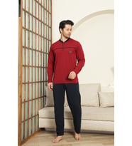 Erkek %100 Pamuklu Pijama Takımı-Robalı ve 3 Düğmeli-12489 ENİSENA (Bordo)