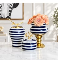 Dekoratif Obje Salon Seti Lacivert Zebra Ayaklı Saksı Lacivert Zebra Şah Lacivert Zebra Kapaklı Kutu Gold
