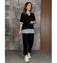 Kadın Modal Kumaş çizgili Gömlek Yaka Ikili Takım