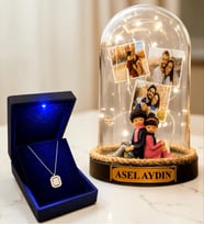 Kişiye Özel 3 Fotoğraflı Yazılı LED Fanus(sırt sırta) ve 925 Ayar Gümüş Gold Baget Kolye