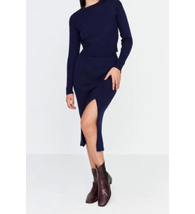 Moda Triko Düz Bisiklet Yaka Düşük Kol Günlük Crop Etekli Triko Alt-Üst Takım (Lacivert)