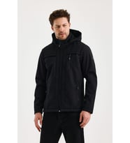 Siyah Erkek %100 Su Geçirmez İçi Polarlı İç Çepli Çıkartılabilir Kapüşonlu Softshell Mont&Kaban