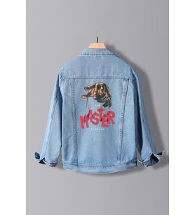 Erkek Slim Fit Sırt Baskılı Denim Kot Ceket Açık Mavi Edw128