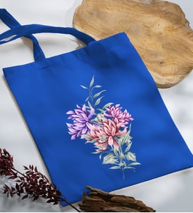 BK Gift Çiçek Tasarımlı Mavi Kumaş Bez Çanta, Baskılı Omuz Çantası, Alışveriş Çantası, Arkadaşa Hediye-2