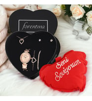 Forentina Rose Kalpli Kolye Küpe Bileklik Saat Kalpli Yastık Hediye Set PS3411