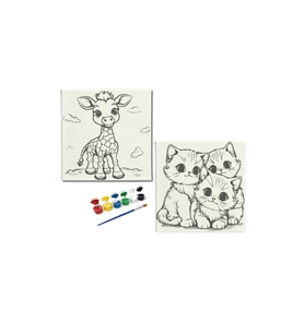 2'li Tuval Boyama Seti. 20x20 CM UV baskı sevimli karakterler + 6 Akrilik Boya + 1 Fırça