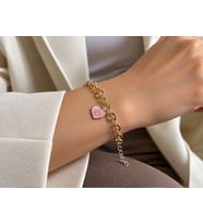 Pembe Mineli Kalp Charm Gold Zincir Bileklik - 14K ALTIN KAPLAMA -4