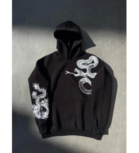 Uzun Kol Kapşonlu Baskılı SweatShirt - Siyah