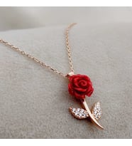 Gümüş Taşlı Kırmızı Gül Kolye 925 Ayar