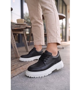 Sipayh Erkek Siyah Beyaz  Cilt Ayakkabı - Bağcıklı Günlük Spor Klasik Comfort Casual