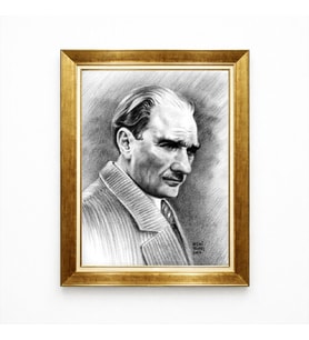 Tablore Atatürk Klasik Karakalem Portre Tablo - İmzalı Sanatsal Çalışma Altın Varaklı Çerçeve
