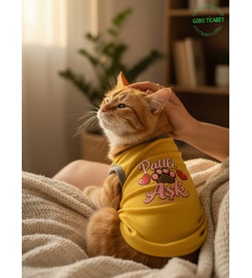Patili Aşk Desenli Kedi ve Köpek Kıyafeti–Sevimli Evcil Hayvan Tişörtü Elbisesi , Farklı Renk (Sarı)